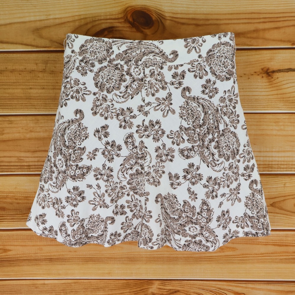 Merona A-Line‎ Linen Skirt Womens Size 12 Brown White Paisley Lined Zip Closure